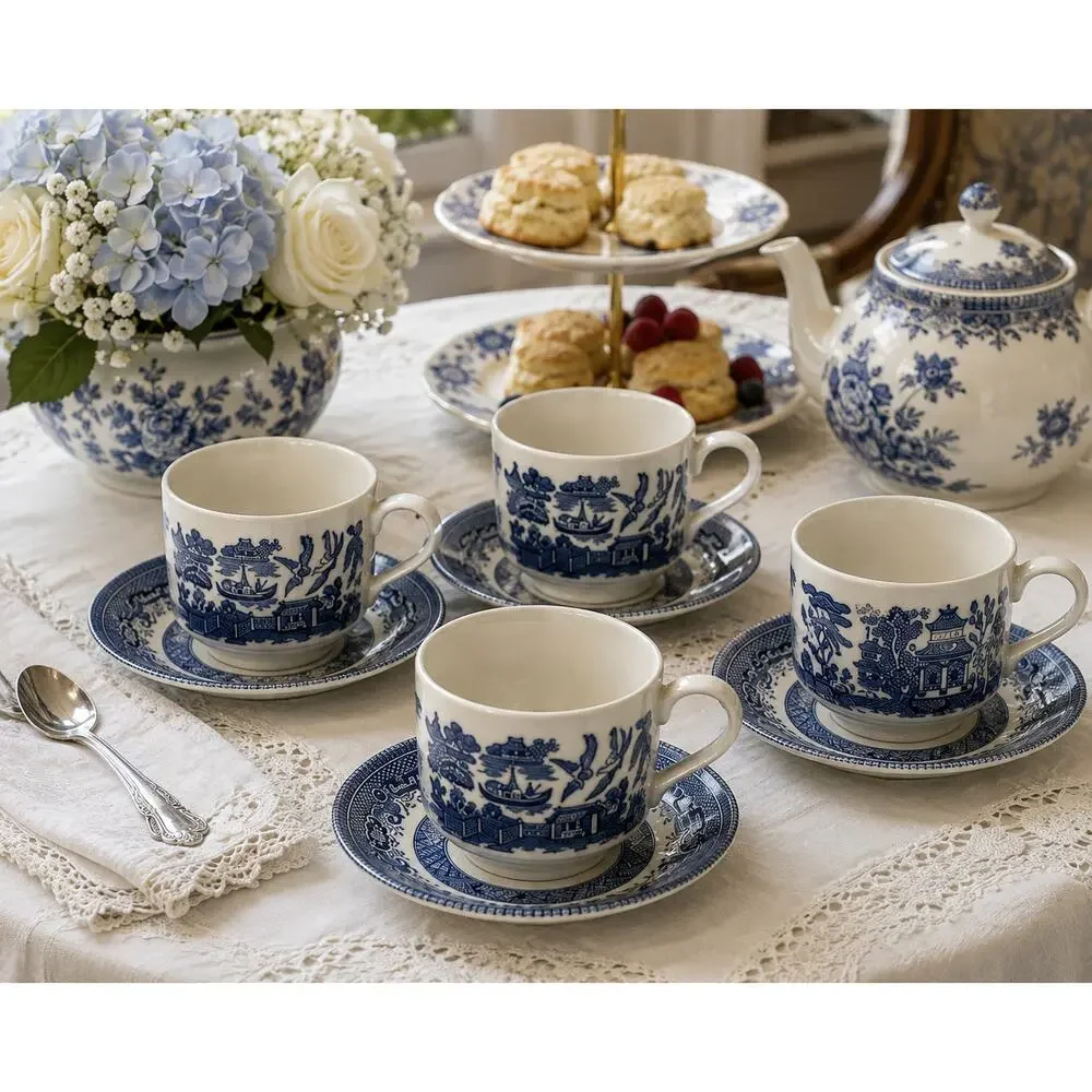 Churchill England Blue Willow Cup & Saucer Set of 4